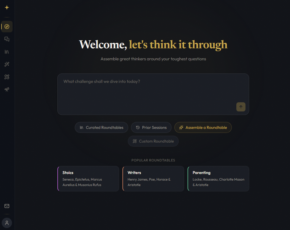 Welcome screen with prompt input, curated roundtables, and popular panels including Stoics, Writers, and Parenting